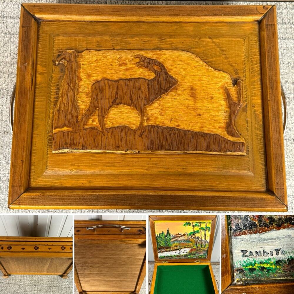 Beautiful Hand Carved Folk Art Box W Signed Painting On Inside- Kudu, Elk ?